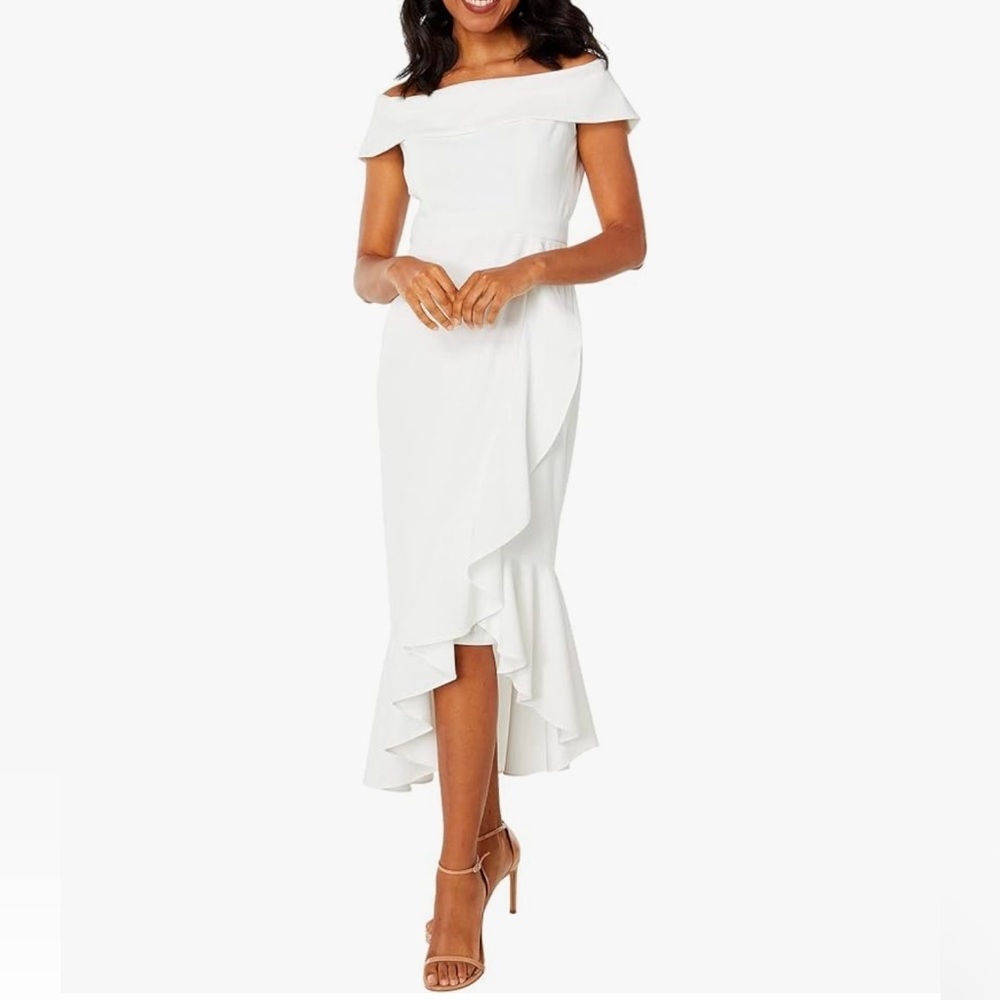 Maggy London Crepe MIDI Dress w Ruffle Hem Elegant Off-Shoulder White‎